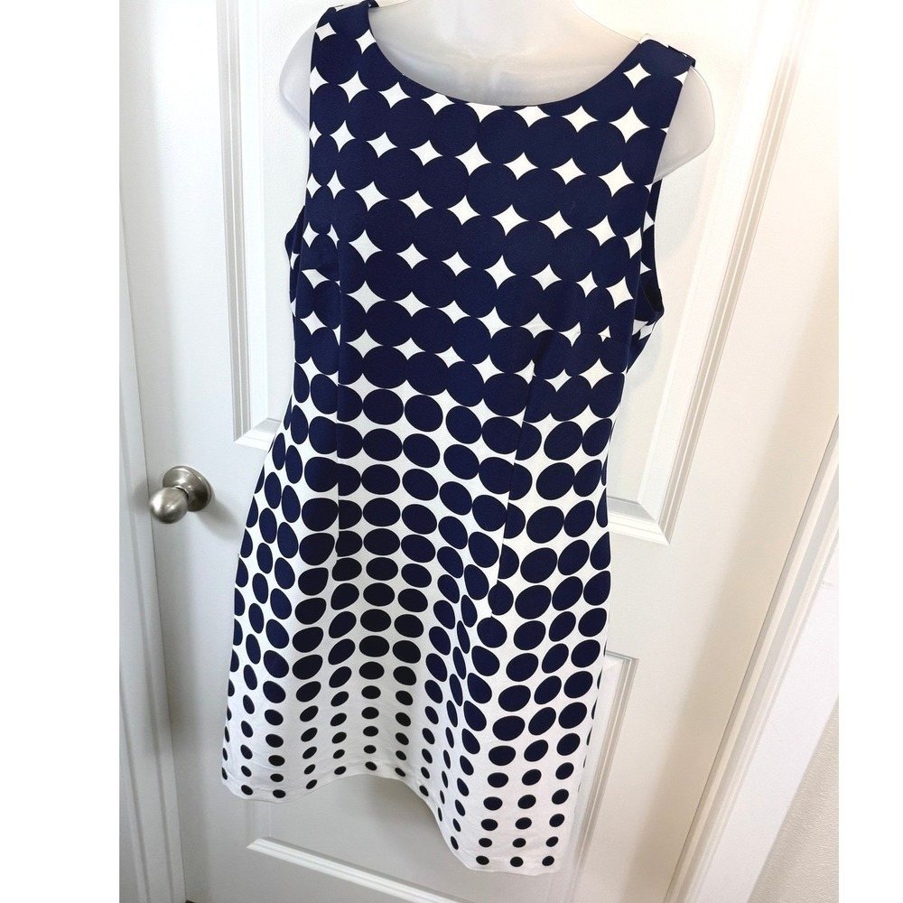 R&K Navy Blue White‎ Polka Dot Sleeveless Shift Dress Womens 12 Geometric Retro